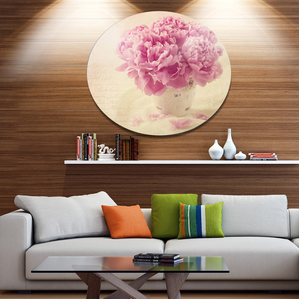 Bunch Of Peony Flowers On Table, Floral Disc Metal Artwork, 11"