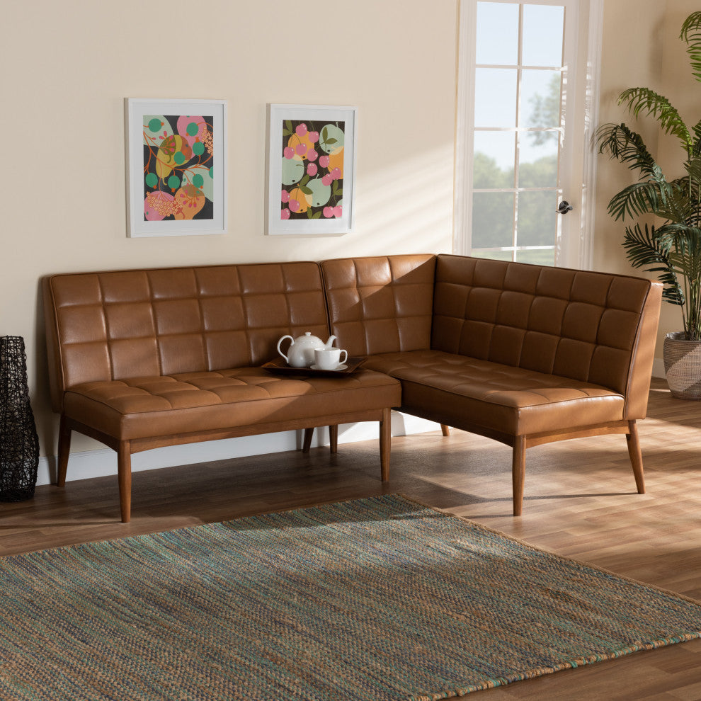 Devin Midcentury Modern 2-Piece Dining Banquette Seat, Tan Faux Leather