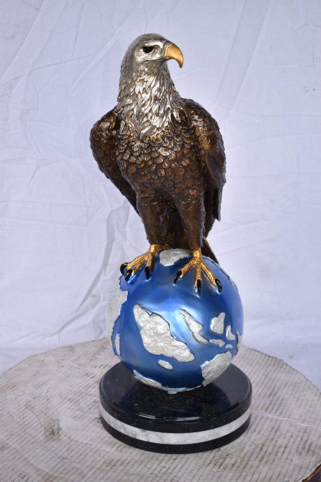 Bald Eagle Standing on a Blue Globe Bronze Statue Size: 17" x 9" x 23"H