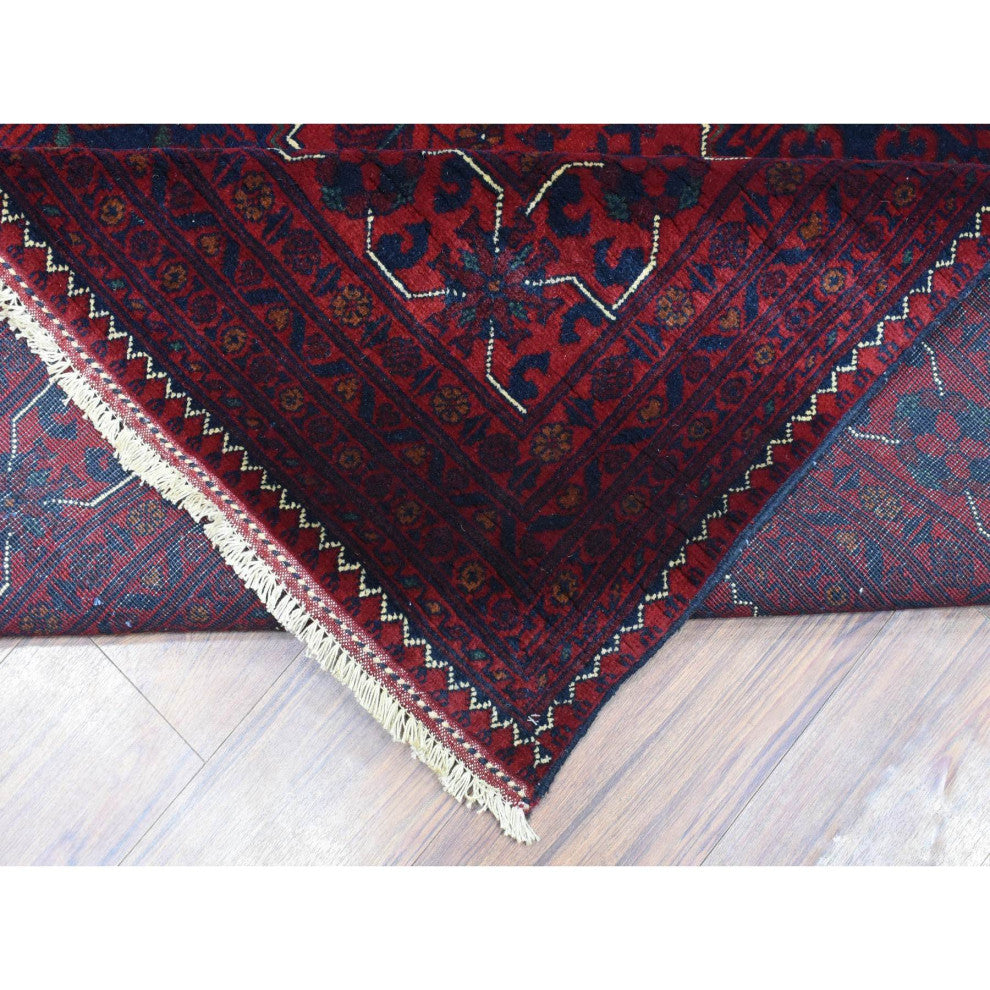 Red Hand Knotted Tribal Design Shiny Wool Afghan Khamyab Oriental Rug, 9'8"x13'