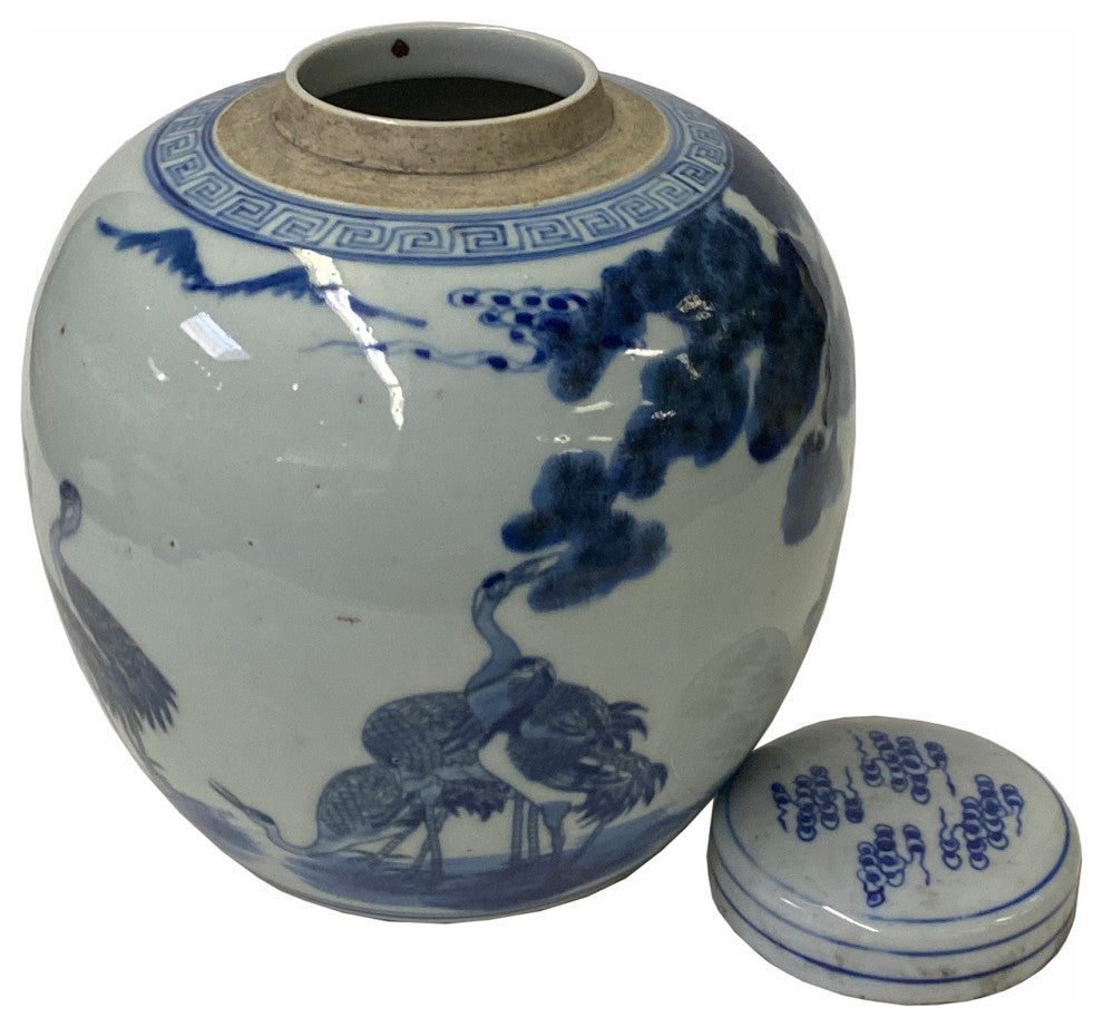 Hand-paint Longevity Cranes Graphic Blue White Porcelain Ginger Jar Hws1748