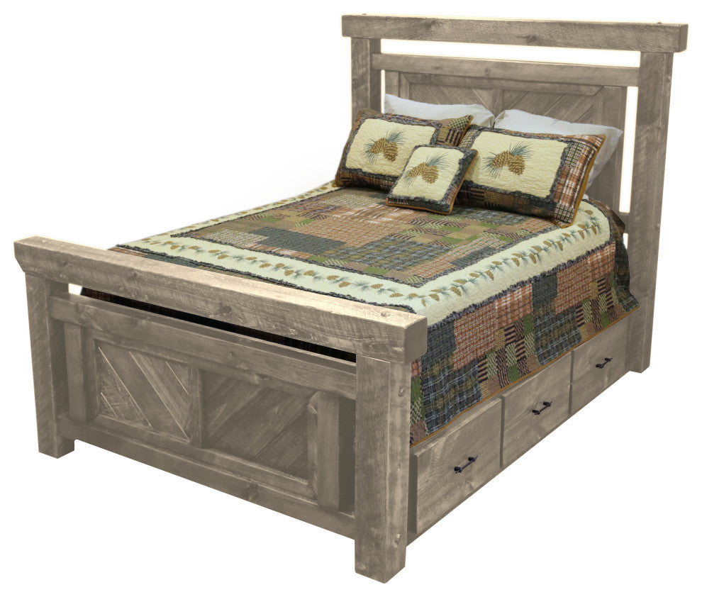 Barnwood Style Timber Peg Panel Platform Bed with Footboard, Frost, King