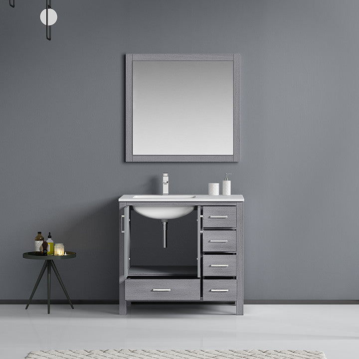 Jacques 36" Vanity, Wht Carrara Marble Top w/ 34" Mirror, Distressed Grey, Left