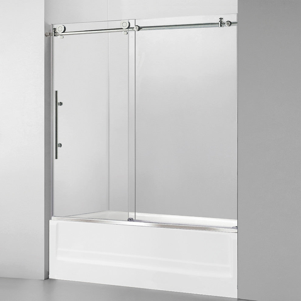 WoodBridge 56-60" W x62" H Frameless Sliding Bathtub Shower Door, Brushed Nickel