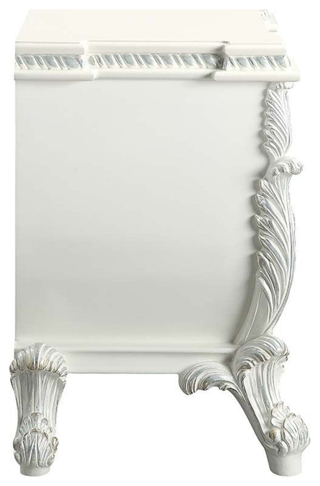 Benzara BM262125 Nightstand With Ornate Floral Accent & 3 Drawers, Antique White