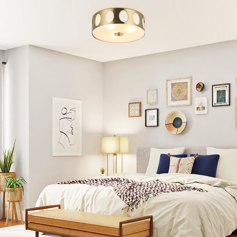 Modern Gold Flush Mount Ceiling Light with Hollow Shade,3-light