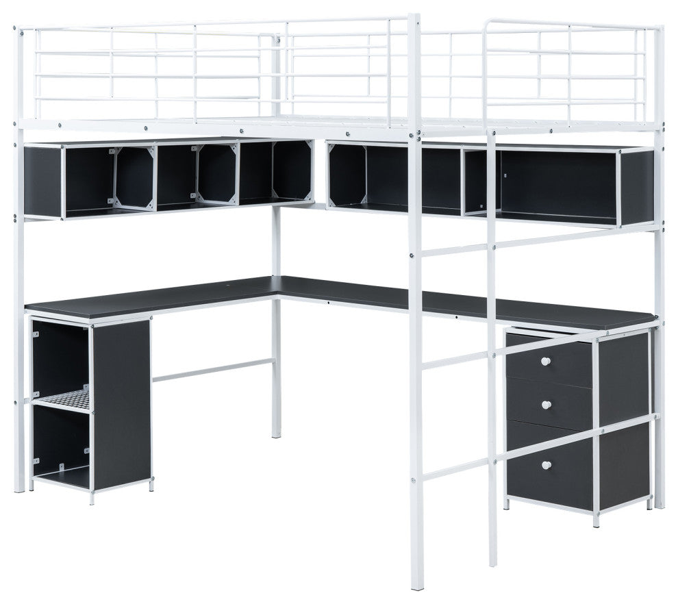 Gewnee Metal Loft Bed with bookcase, desk and cabinet, Full, White
