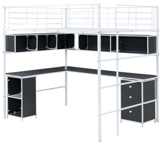 Gewnee Metal Loft Bed with bookcase, desk and cabinet, Full, White