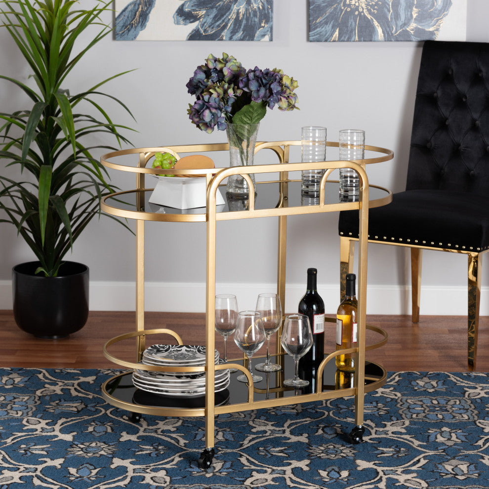 Leighton Glam And Luxe Gold Metal And Tempered Glass 2-Tier Wine Cart
