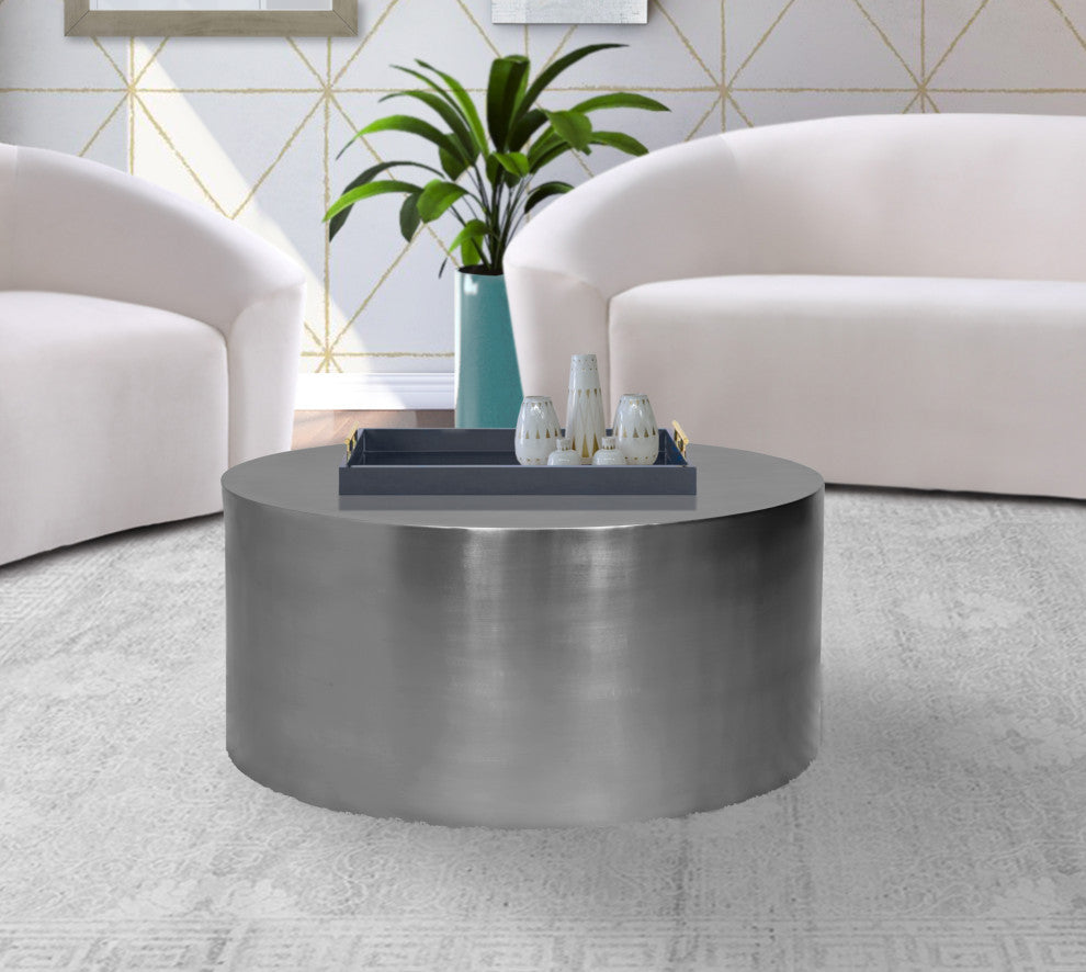 Cylinder Round Durable Metal Coffee Table, Brushed Chrome