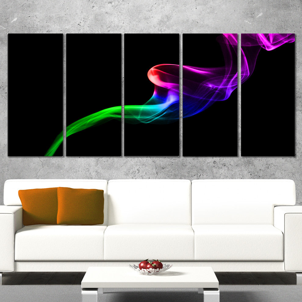 Colorful Fractal Fire Design on Black, Abstract Canvas Art, 60"x28", 5 Panels