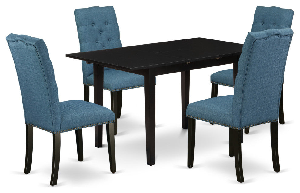 5Pc Dining Set, Nail Head Kitchen Chairs, Butterfly Leaf Table, Black