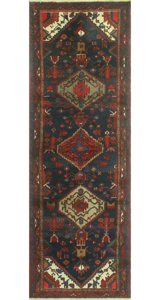 Fine Vintage Distressed Leandro Navy/Burgundy Runner, 3'4x10'2