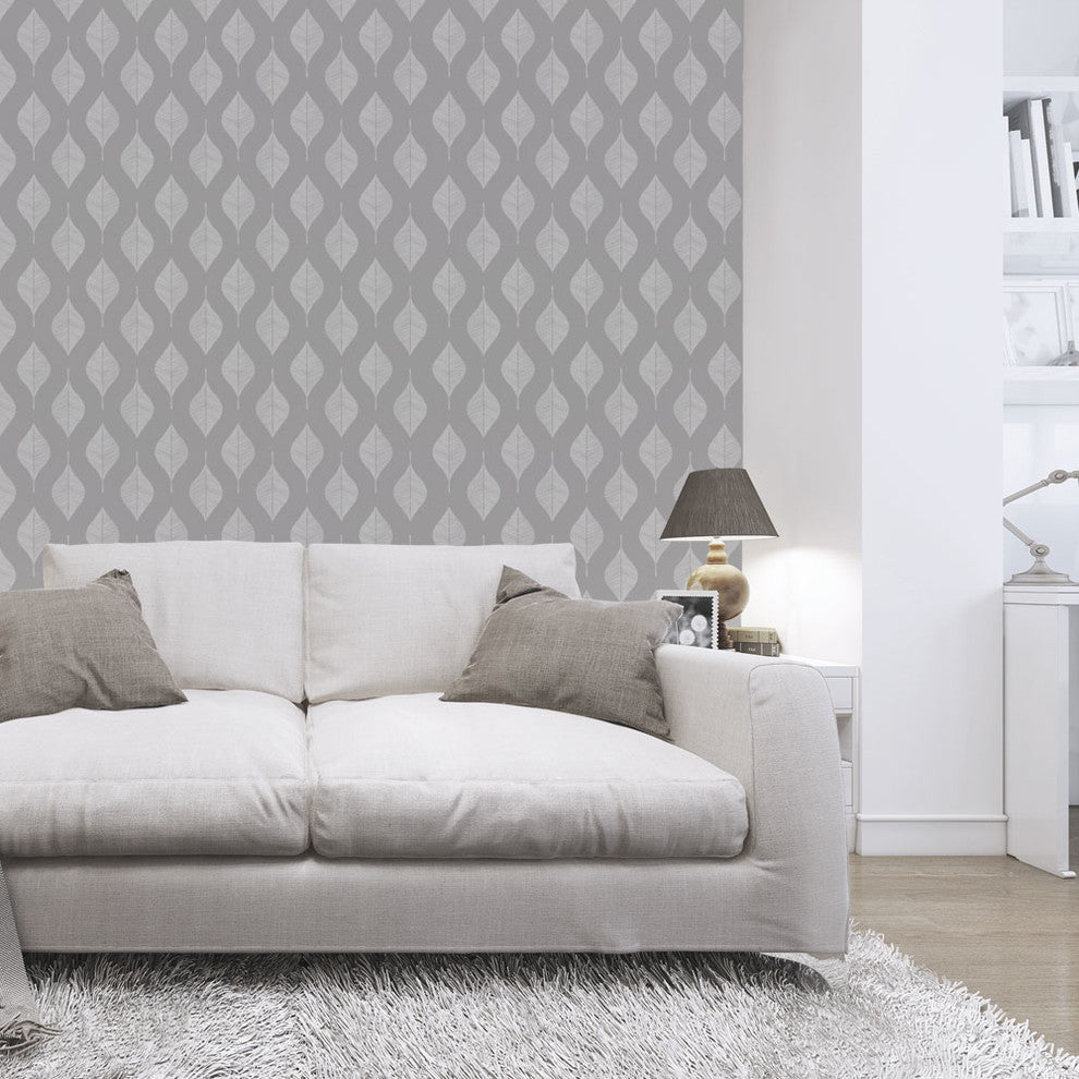Line Leaves Peel and Stick Vinyl Wallpaper, Off White Cool Gray, 24"w X 108"h