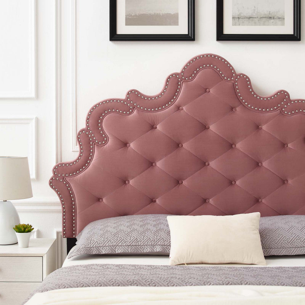 Tufted Headboard, Nailhead, King California, Pink, Velvet, Modern, Mid Century