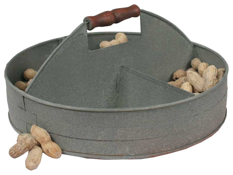 Benzara Galvanized Divided Serving Tray With Wood Handle, Gray