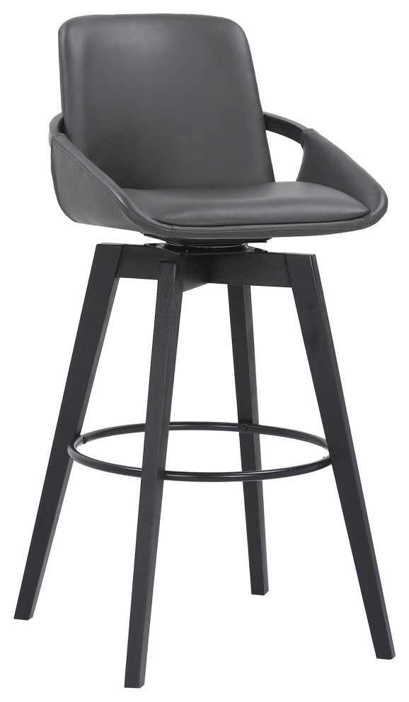 Baylor Swivel Wood Stool, Faux Leather, Gray/Black, 30" Bar Height