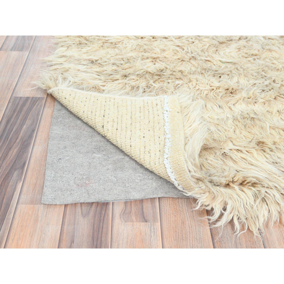 Beige, Shaggy Moroccan, Undyed Natural Wool Hand Knotted Rug, 3'1"x5'3"