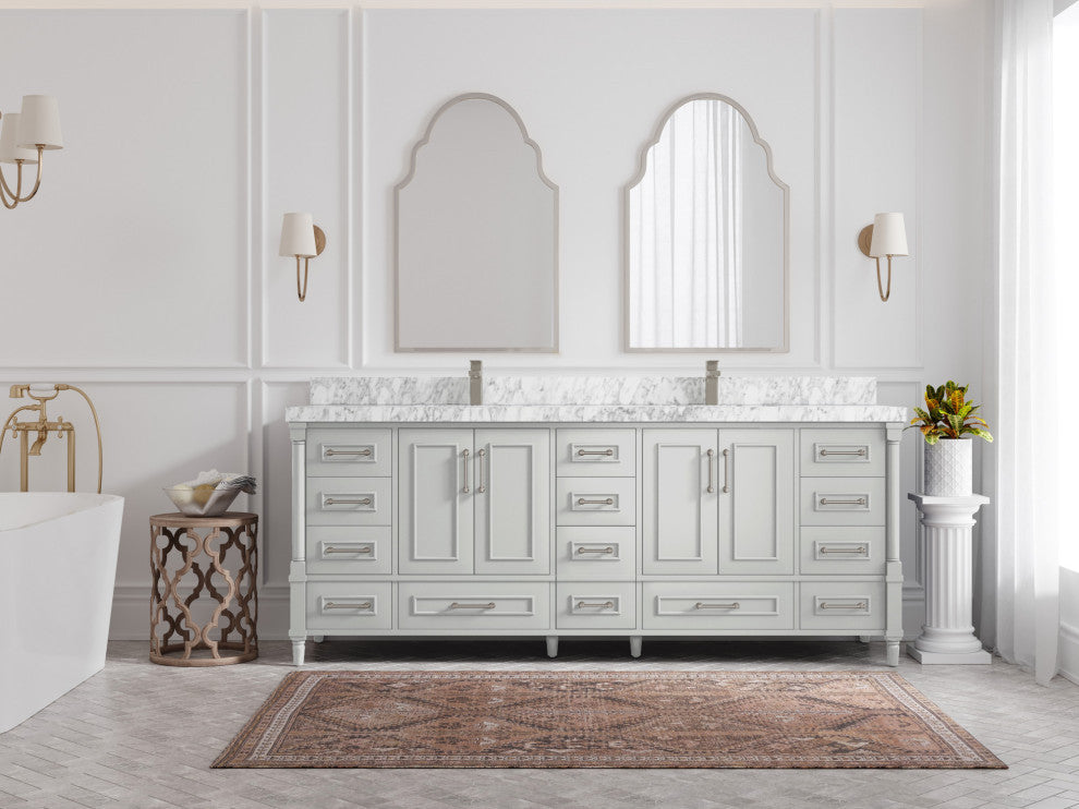 Aberdeen 84 Double Sink Bath Vanity in Coventry Gray 2" Carrara Marble