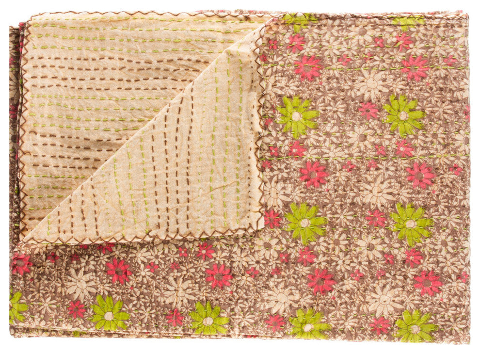 50x70 Green and Brown Kantha Cotton Floral Throw Blanket With Embroidery