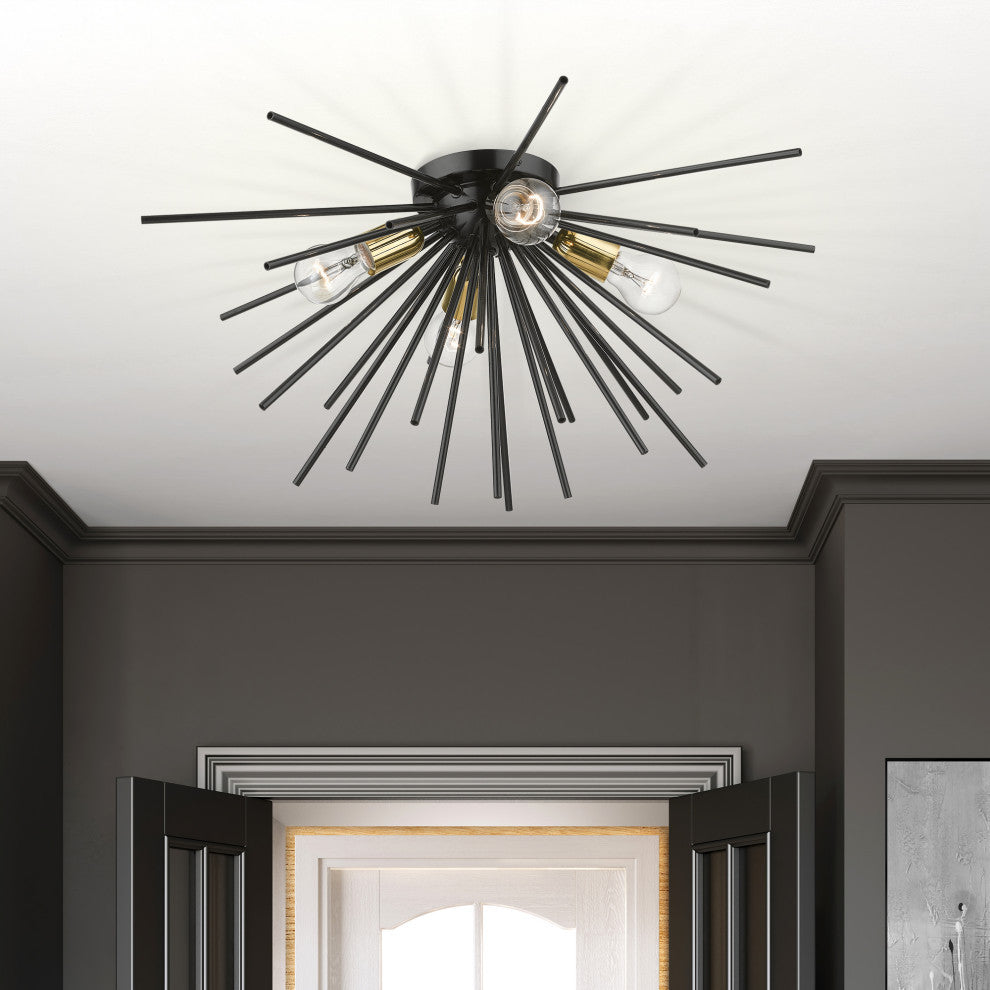 Tribeca 4 Light Shiny Black With Polished Brass Accents Large Flush Mount