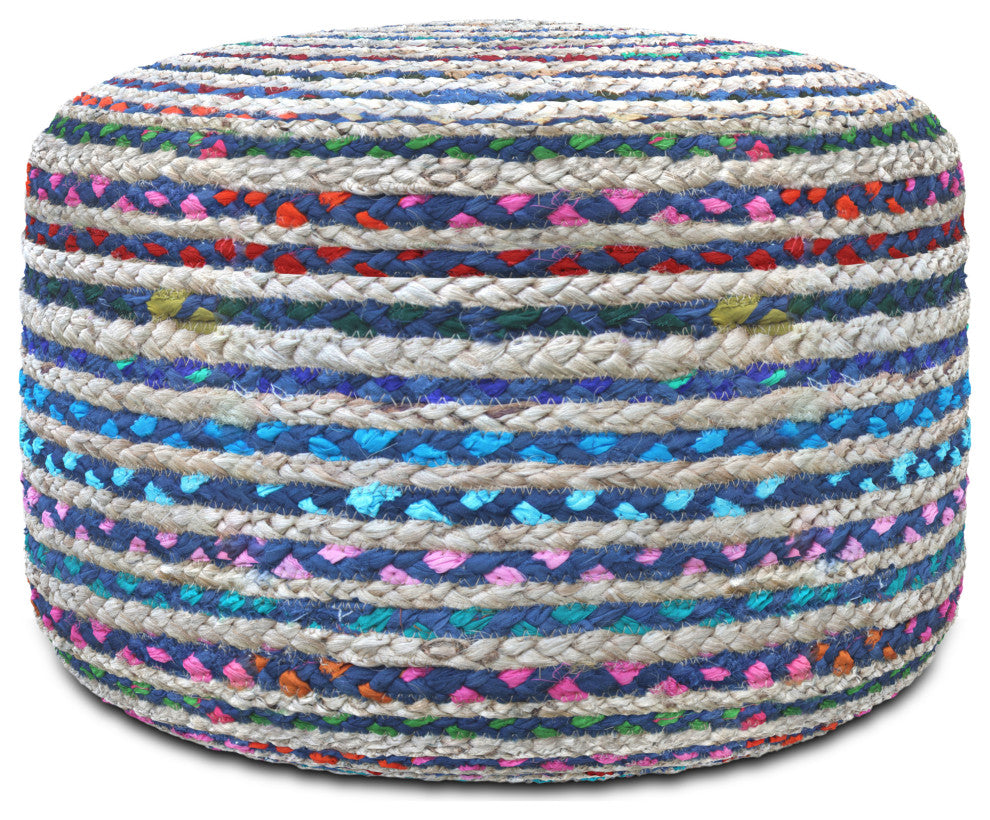 Margo Round Pouf, Braided Jute, Blue