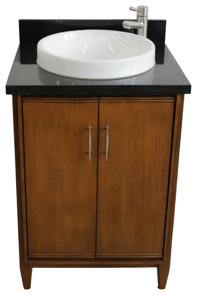 25" Single Sink Vanity, Walnut Finish With Black Galaxy Granite and Round Sink
