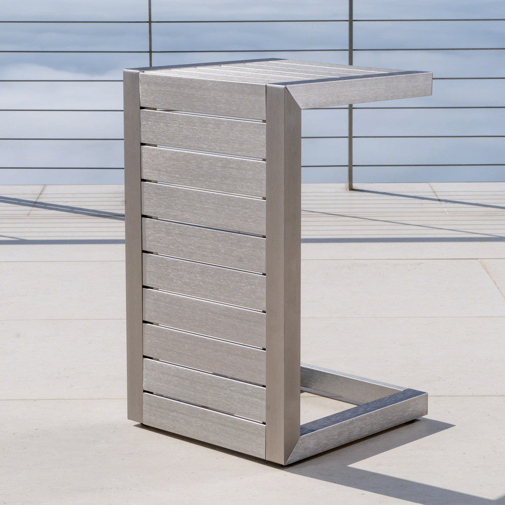 GDF Studio Core Outdoor Chat Set with Faux Wood C-Shaped Table, Silver Table