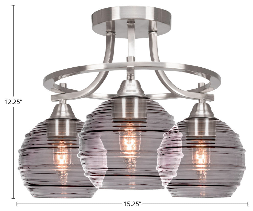 Paramount 3-Light Semi-Flush Light, Brushed Nickel, 6" Smoke Ribbed Glass