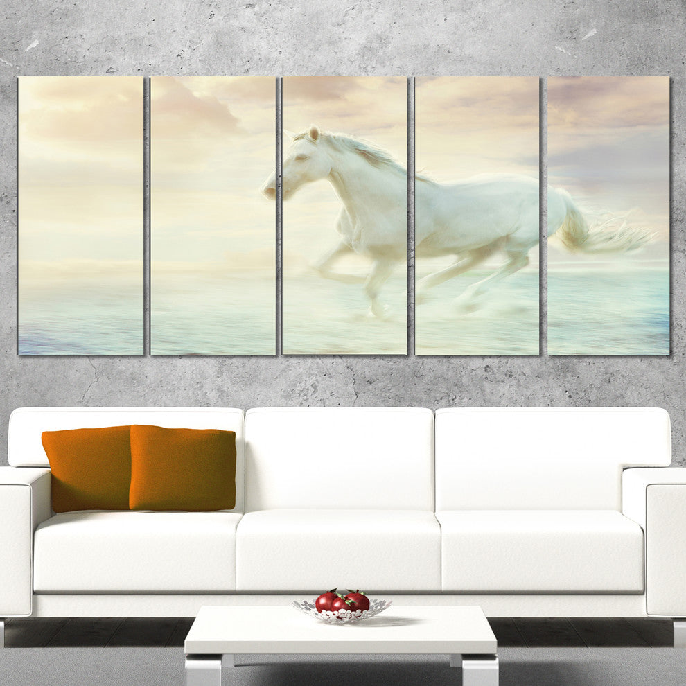 Fantasy White Horse, Animal Canvas Art Print, 60"x28", 5 Panels