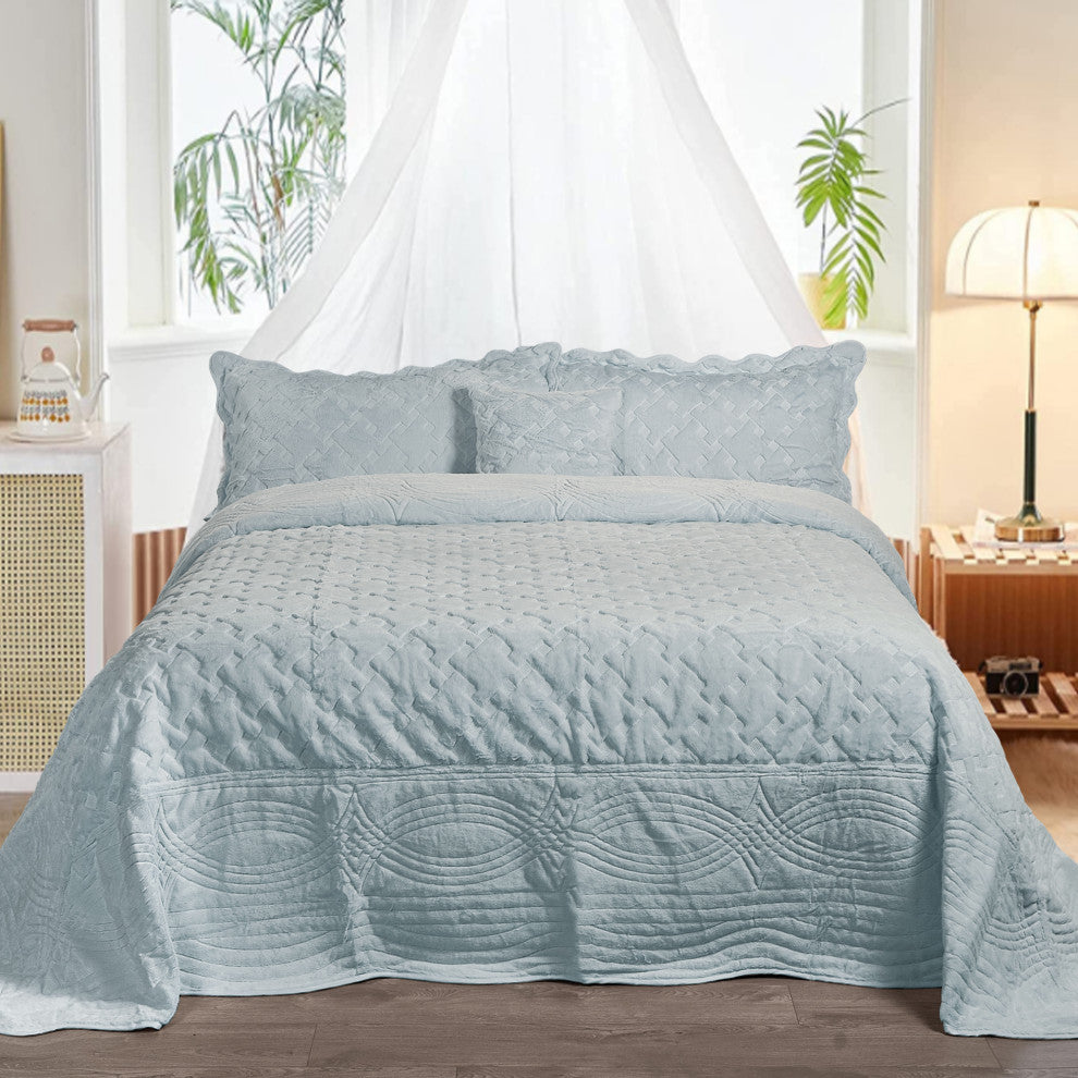 Tatami Quilted Faux Fur Bedspread Set, Gray, Queen