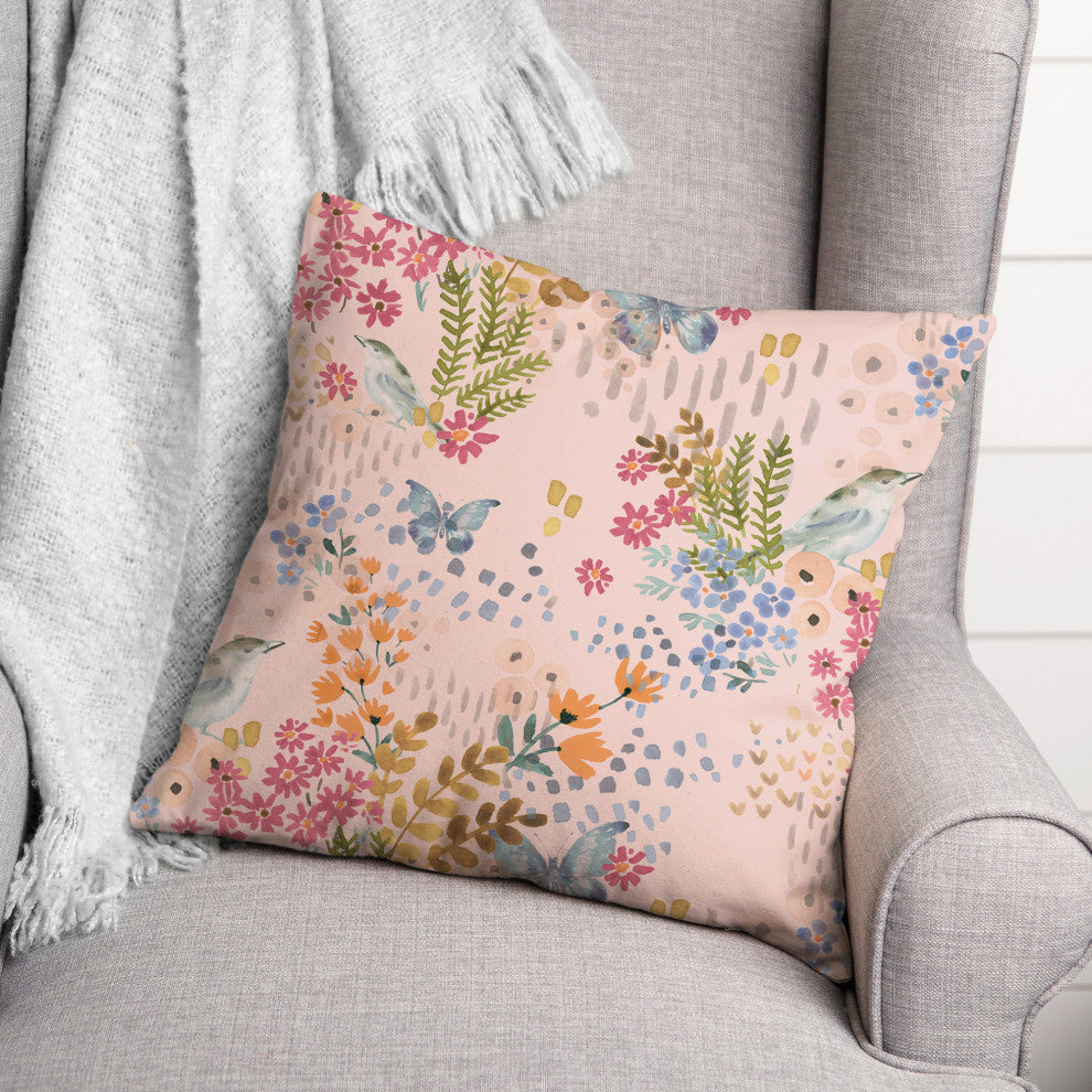 Butterfly Bird Floral on Pink 18x18 Spun Poly Pillow