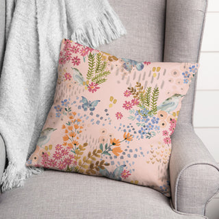Butterfly Bird Floral on Pink 18x18 Spun Poly Pillow