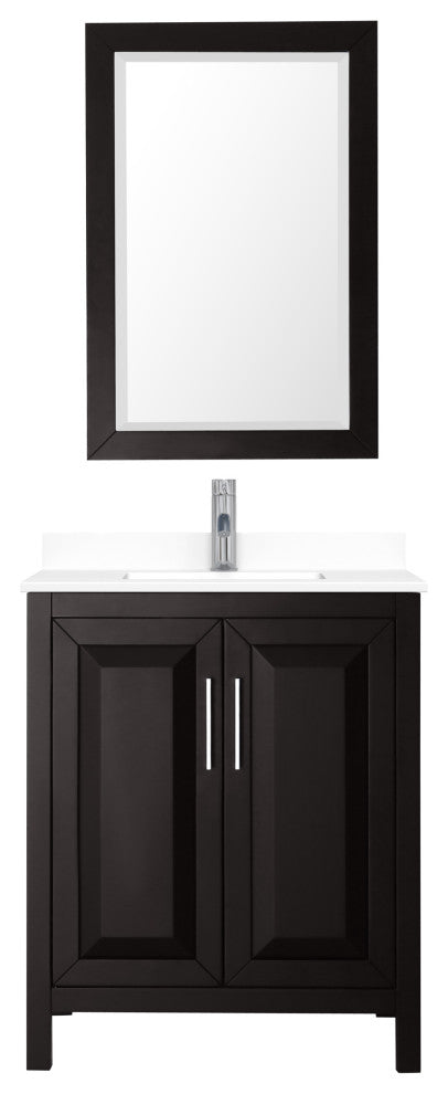 30, Single Vanity, Dark Espresso, White Marble Top, SQ Sink, 24, Mirror