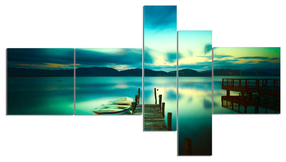 Wooden Jetty and Boat in Sea, Seascape Canvas Art Print, 60"x32", 5 panels