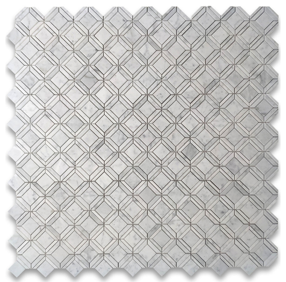 Carrara White Marble Square Ventura Carlyle Geometry Mosaic Tile Honed, 1 sheet