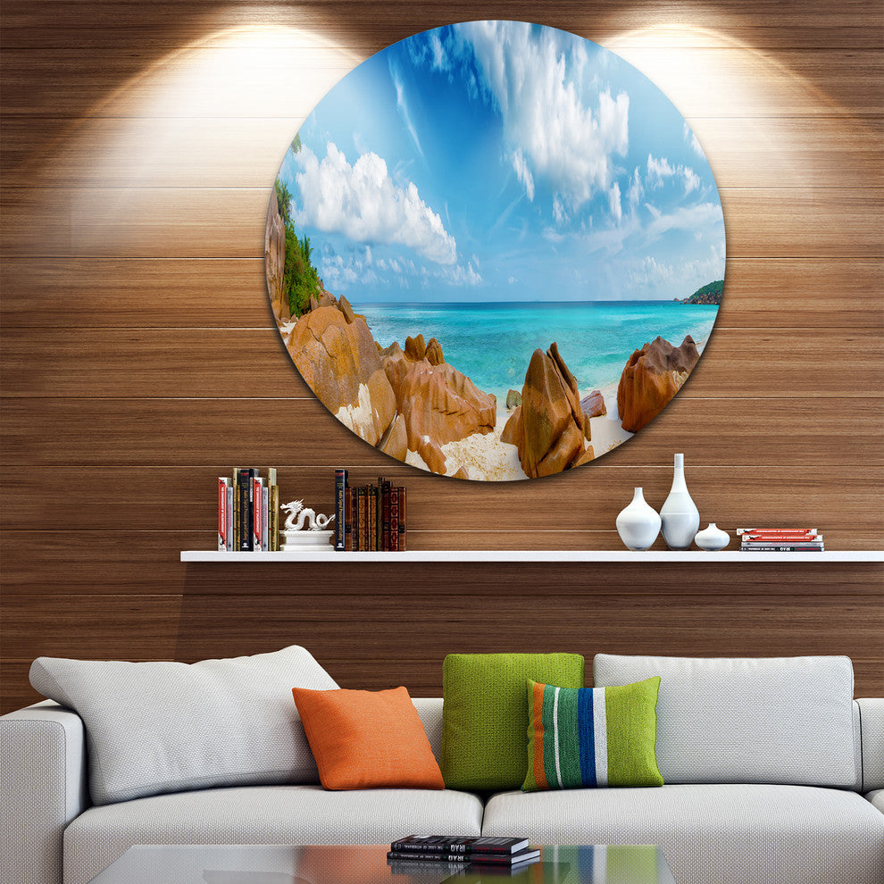 Rocky Seychelles Island Panorama, Beach Large Disc Metal Wall Art, 36"