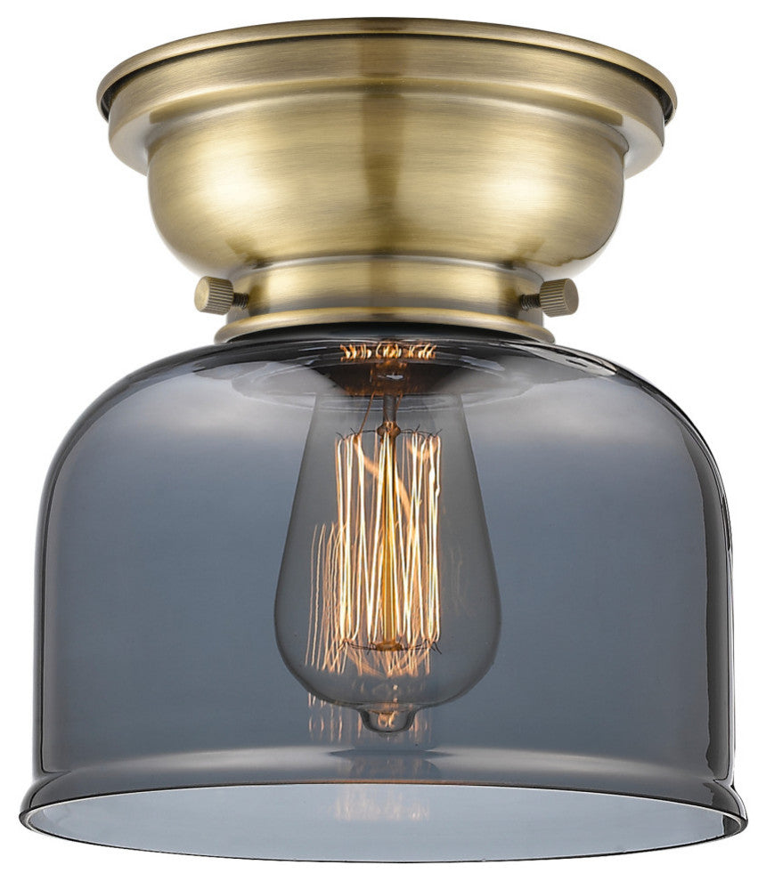 Large Bell 1-Light Flush Mount, Antique Brass, Plated Smoke