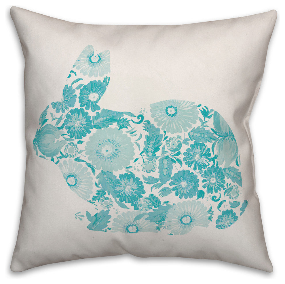Teal Floral Bunny Silhouette 16x16 Throw Pillow