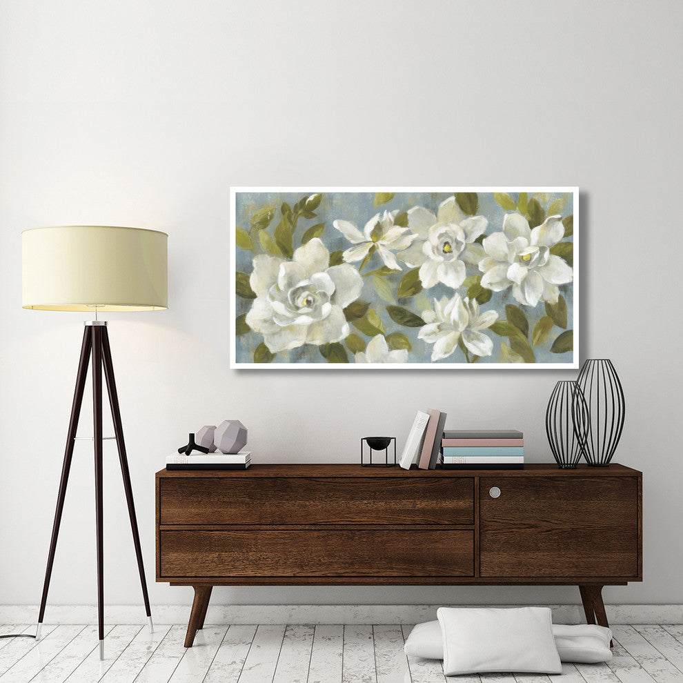"Gardenias on Slate Blue Crop" Digital Paper Print by Silvia Vassileva, 62"x32"