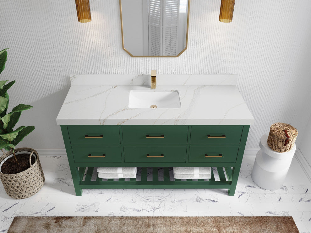 Parker 60 Single Sink Bathroom Vanity in Lafayette Green  2" Calacatta Sienna