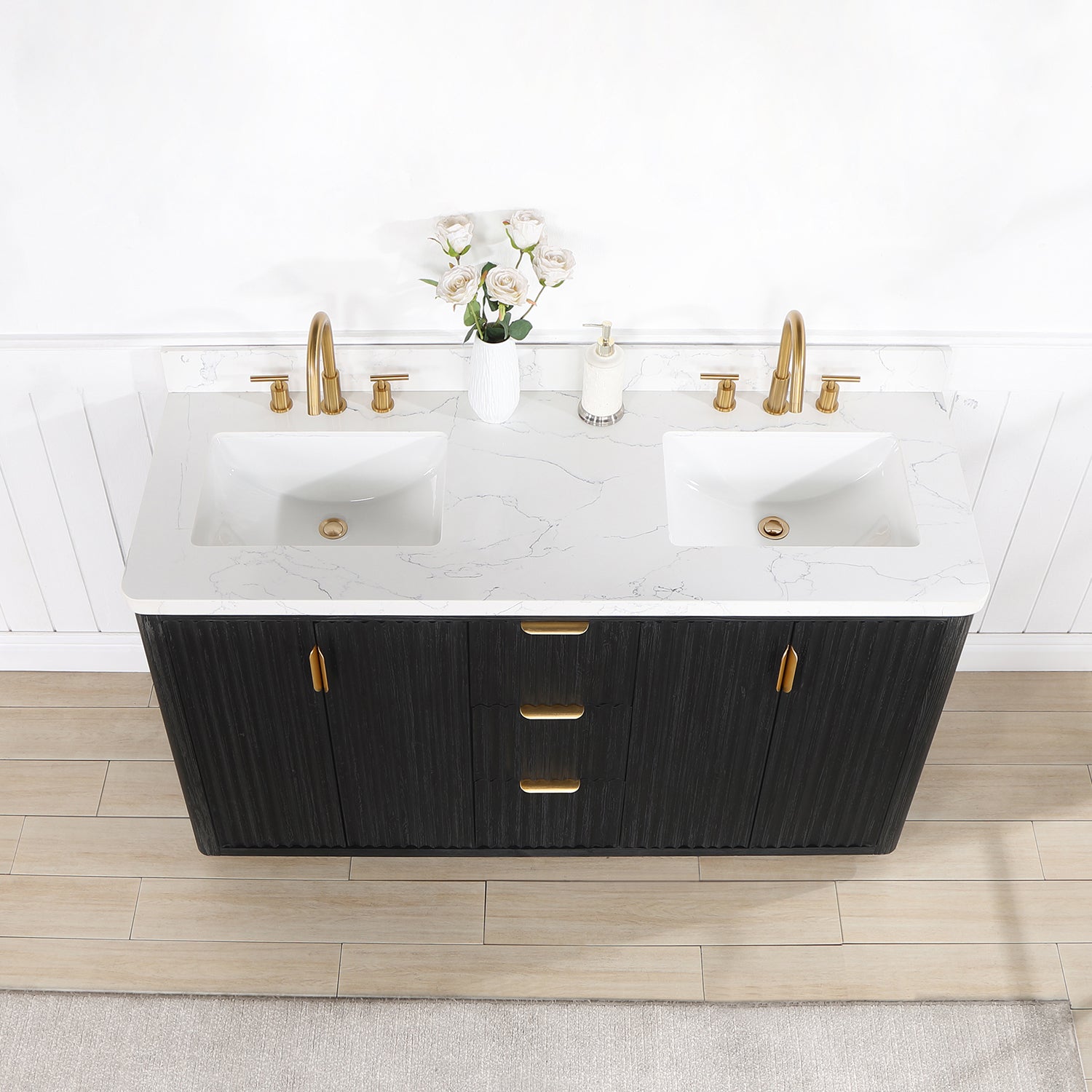Vinnova Cadiz Bath Vanity, Composite Stone Top, Black, 60", No Mirror