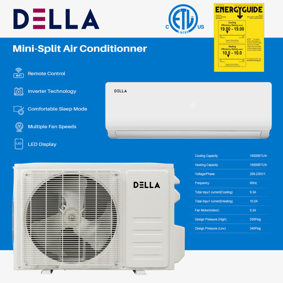 12,000 BTU Mini Split Air Conditioner Ductless Inverter System, 19 SEER, 8 HSPF