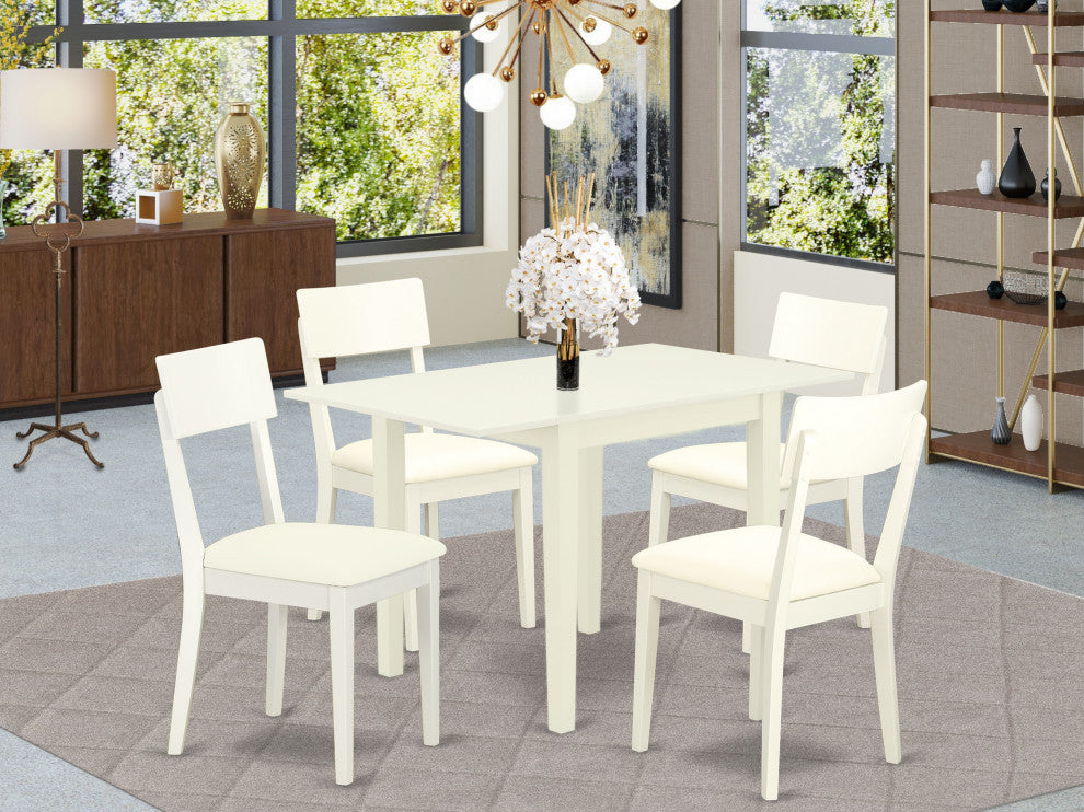 Dining Set 5 Pc, 4 Chairs, Wooden Table, Linen White Faux Leather