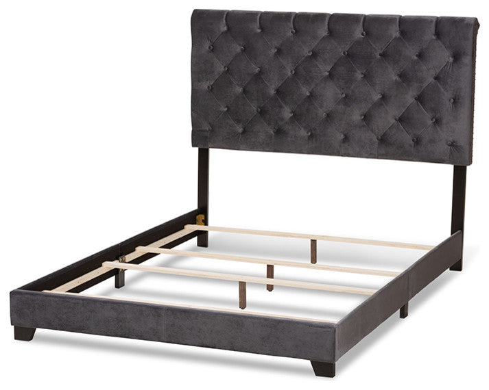 Candace Luxe and Glamour Dark Gray Velvet Upholstered King Size Bed