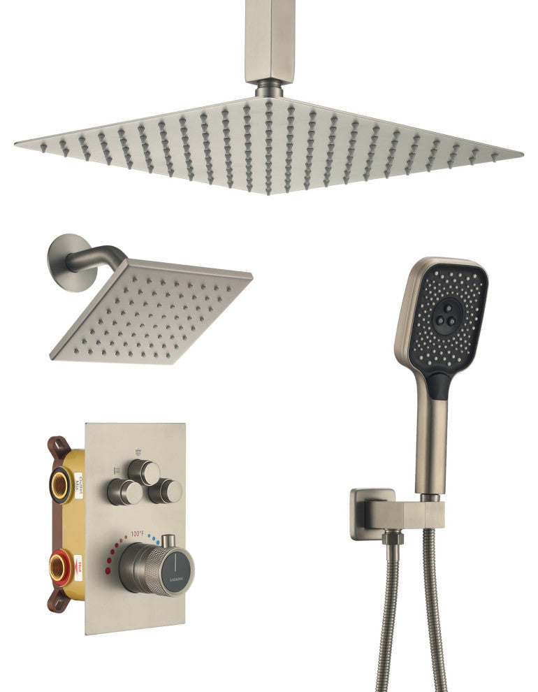 CASAINC 12" Ceiling Mounted Rainfall Shower System Set w Dual Shower Head, Brushed Nickel