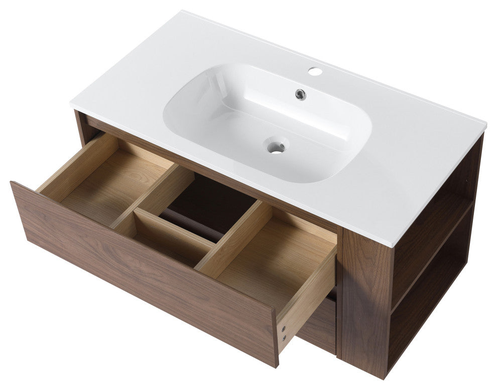 36" Plywood Wall Mounting Bath Vanity Set, Brown Oak, Gel Sink