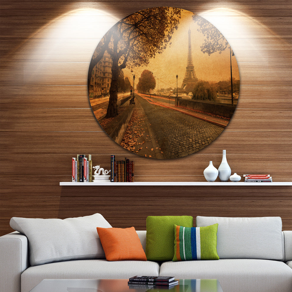 Vintage Style View Of Paris, Landscape Photo Round Metal Wall Art, 11"