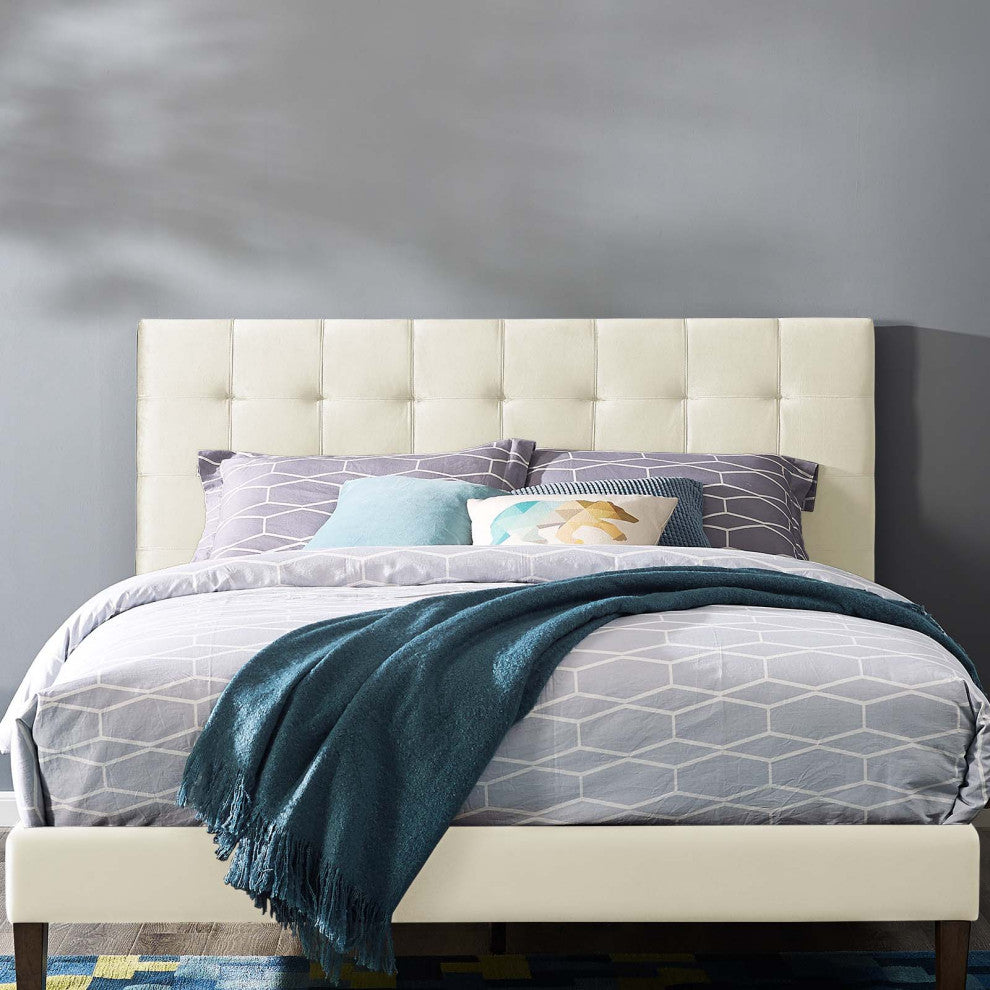 Contemporary Modern Full and Queen Size Tufted Headboard, Velvet, Ivory White