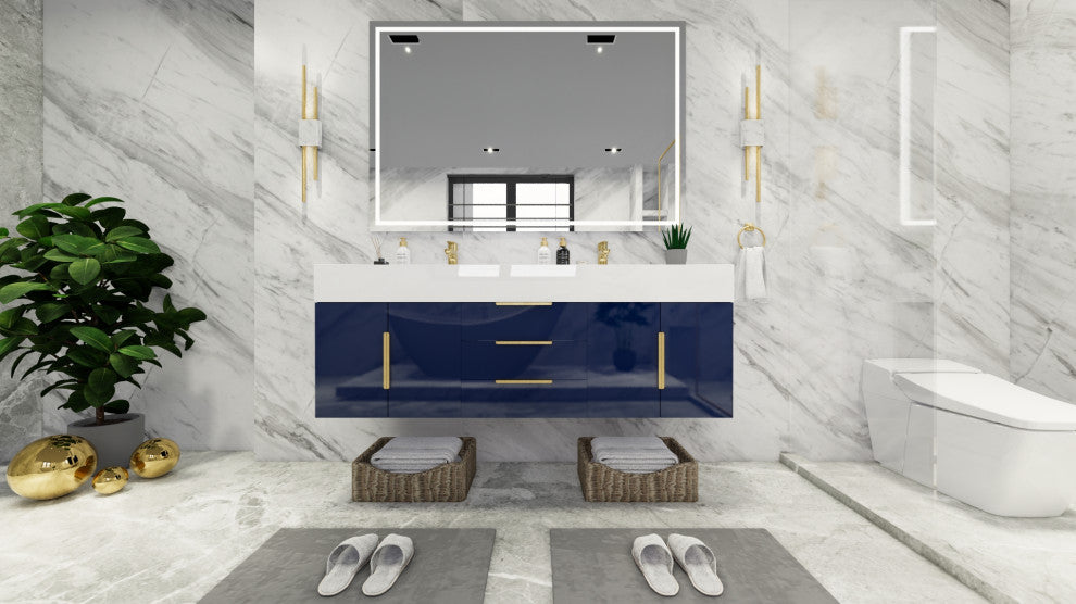 Madison 60" Wall Mounted Double Sink Vanity with Reinforced Acrylic Sink, High Gloss Blue